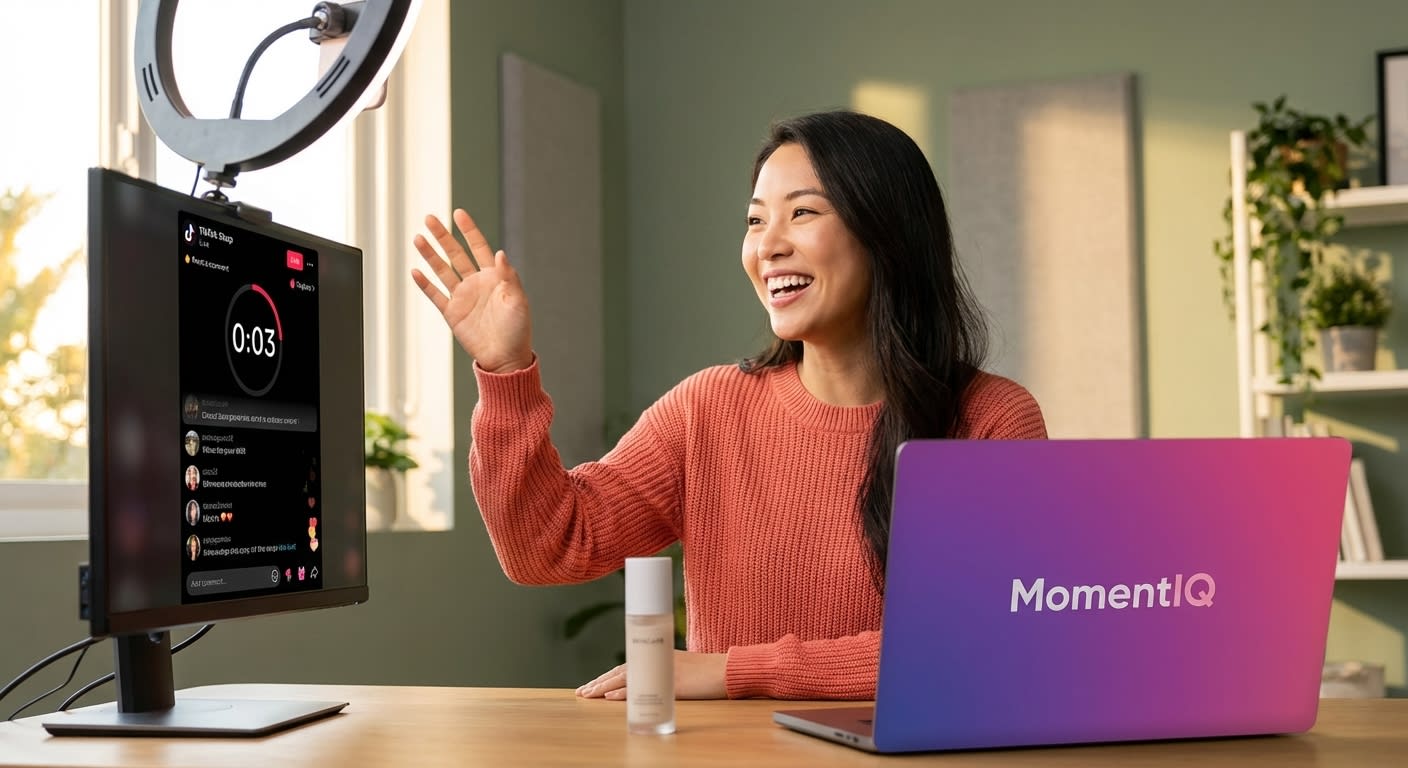 Enthusiastic TikTok Shop host delivering a compelling live stream 'Hook' with a timer counting up from 0:03.