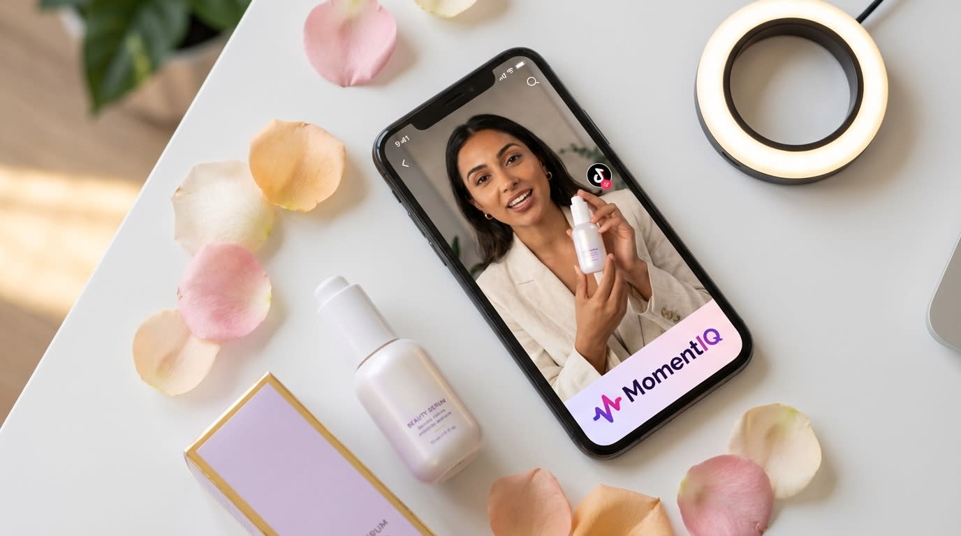 Flat lay of a creator's desk showing a dramatic TikTok Shop 'Product Reveal' on a smartphone with the product and elegant packaging.