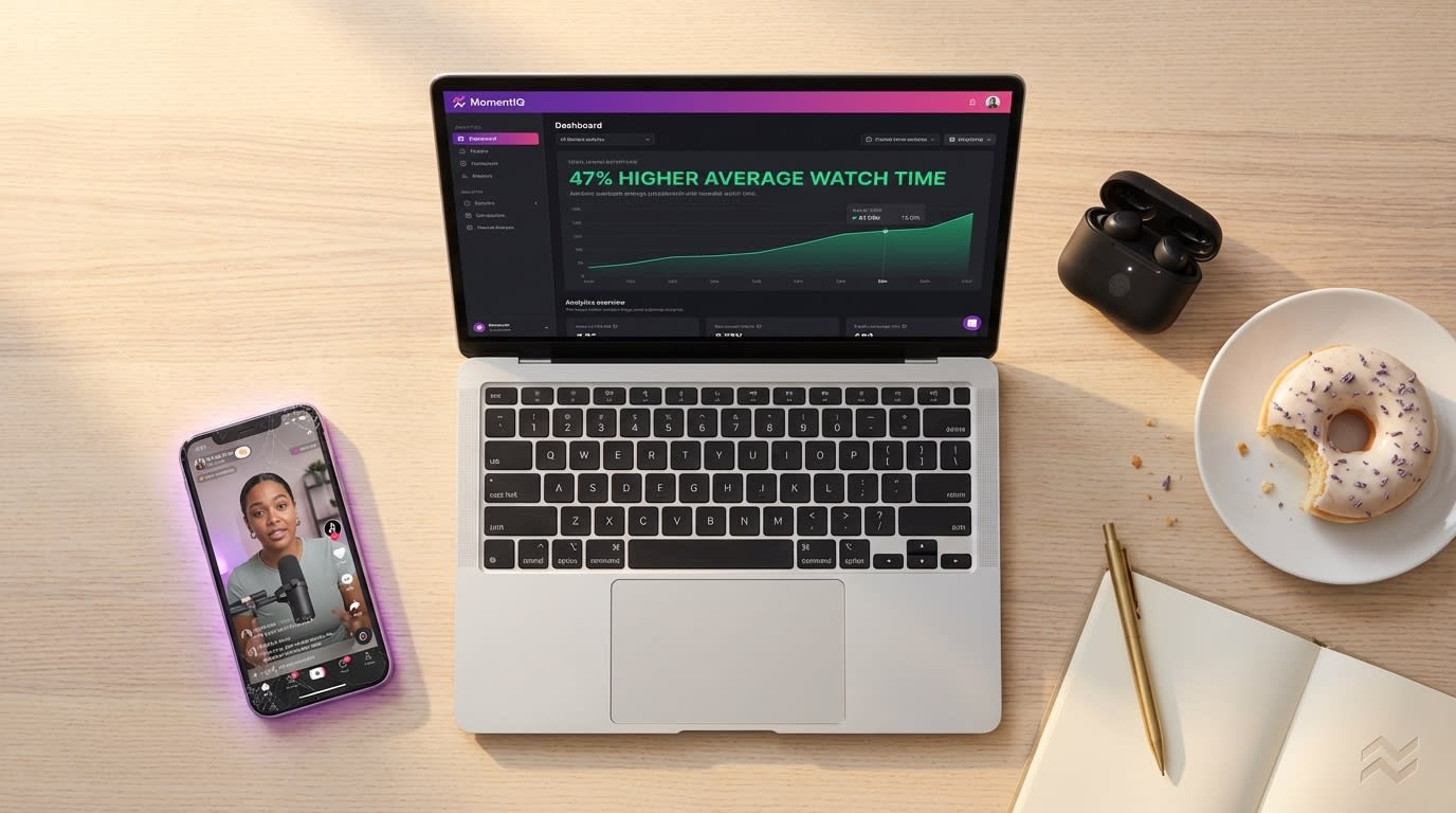 Flat lay of a desk with a laptop showing TikTok Shop analytics with 47% higher watch time, new product, and smartphone.