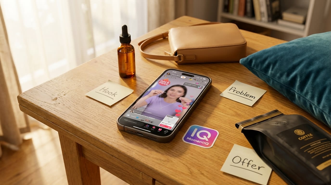 Flat lay of diverse beauty, fashion, and home products with a smartphone showing a TikTok Shop live stream and script notes.