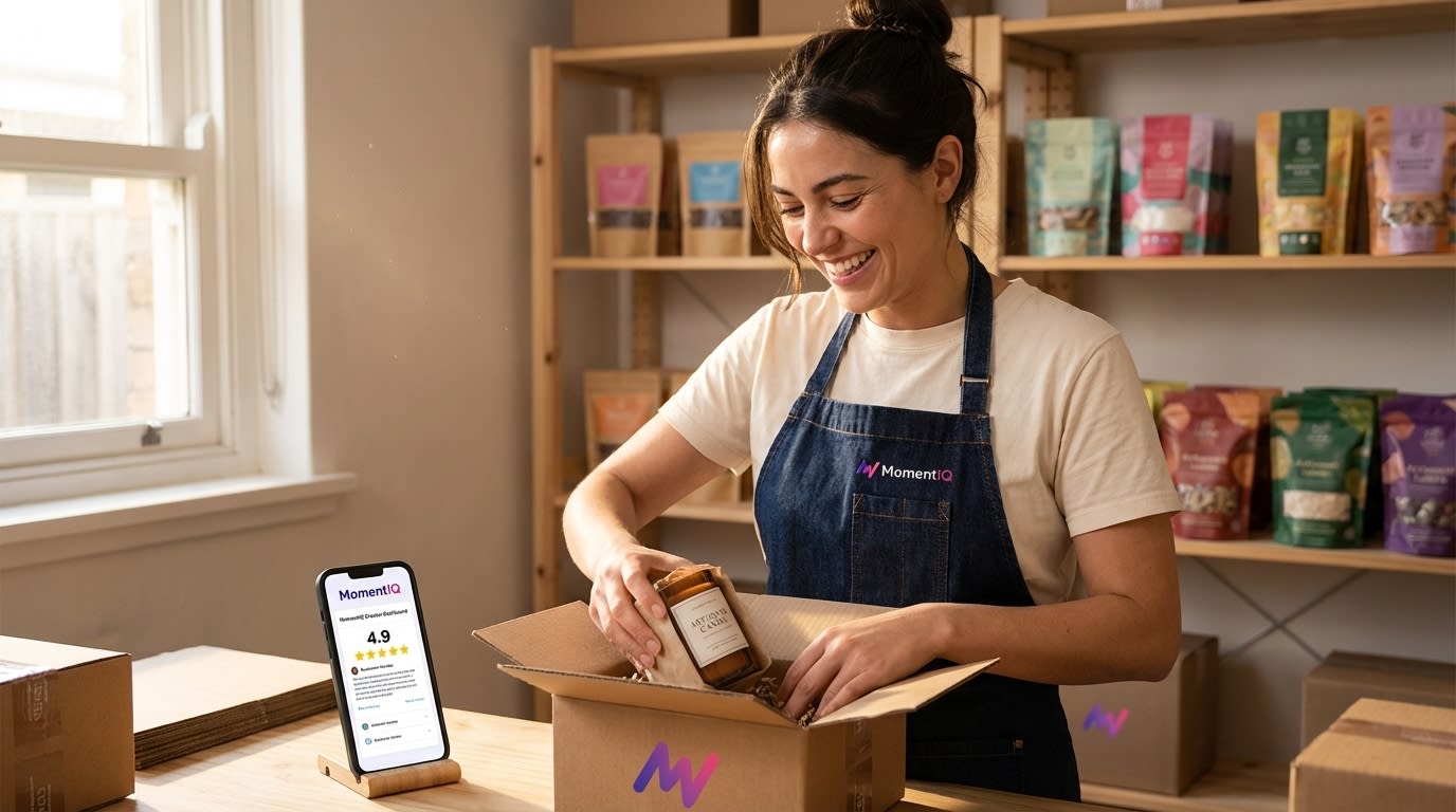 Happy entrepreneur confidently packing a branded TikTok Shop order with organized inventory in the background.