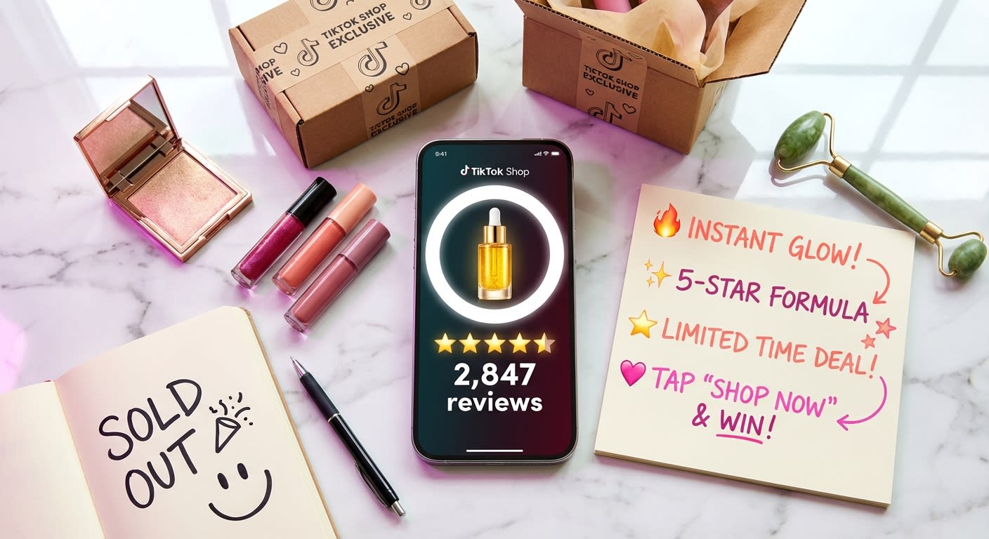 Flat lay of TikTok Shop live selling essentials including script cards, five-star product reviews on phone, and branded packaging