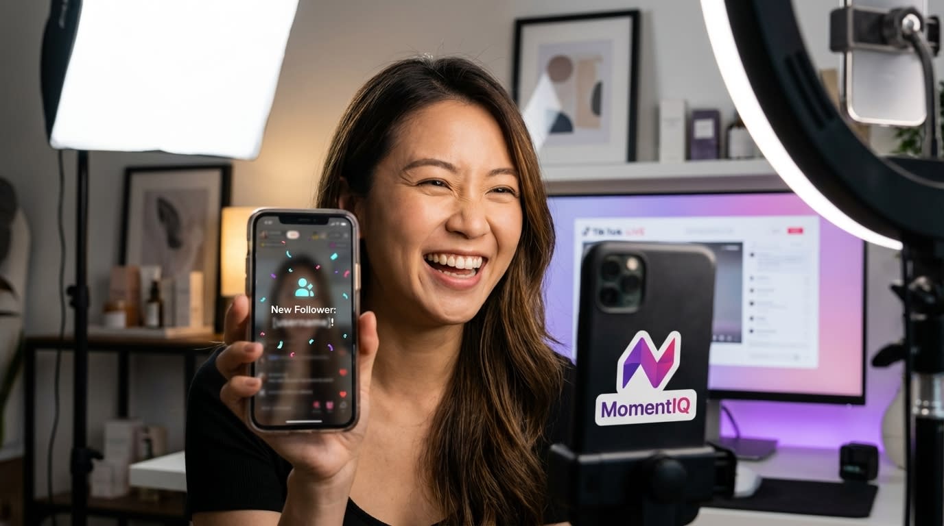 Joyful TikTok Shop host celebrating a 'New Follower' notification during her live stream.