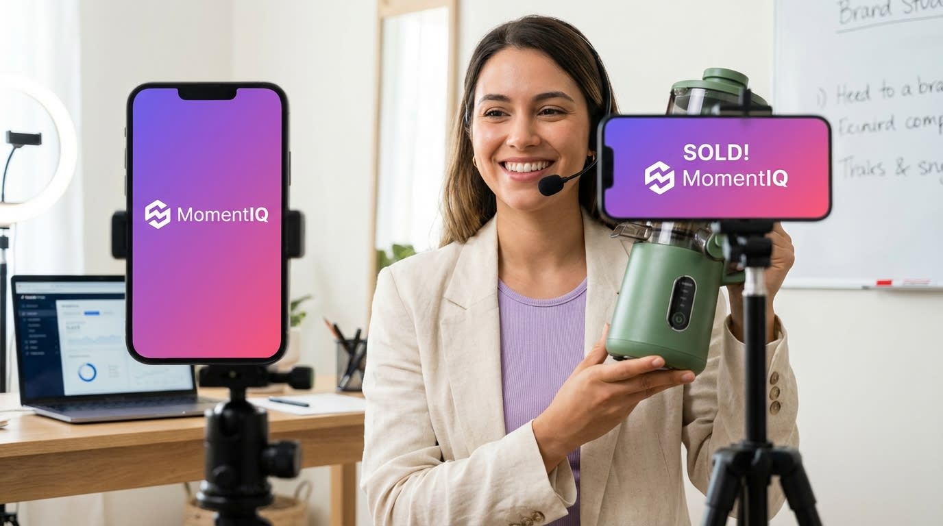 Passionate TikTok Shop host demonstrating a product during a live stream with 'SOLD!' notifications.