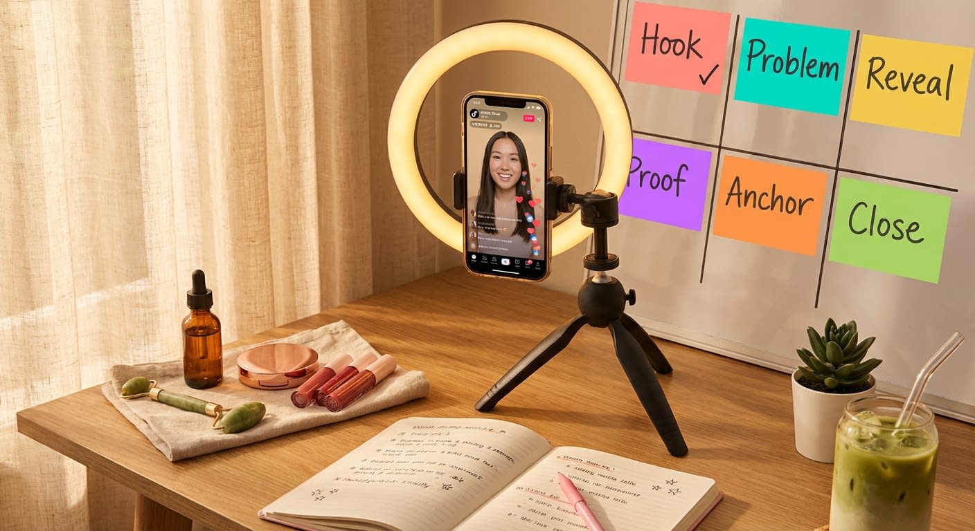 TikTok Shop live selling creator studio setup with scripting framework on whiteboard and products ready for demo