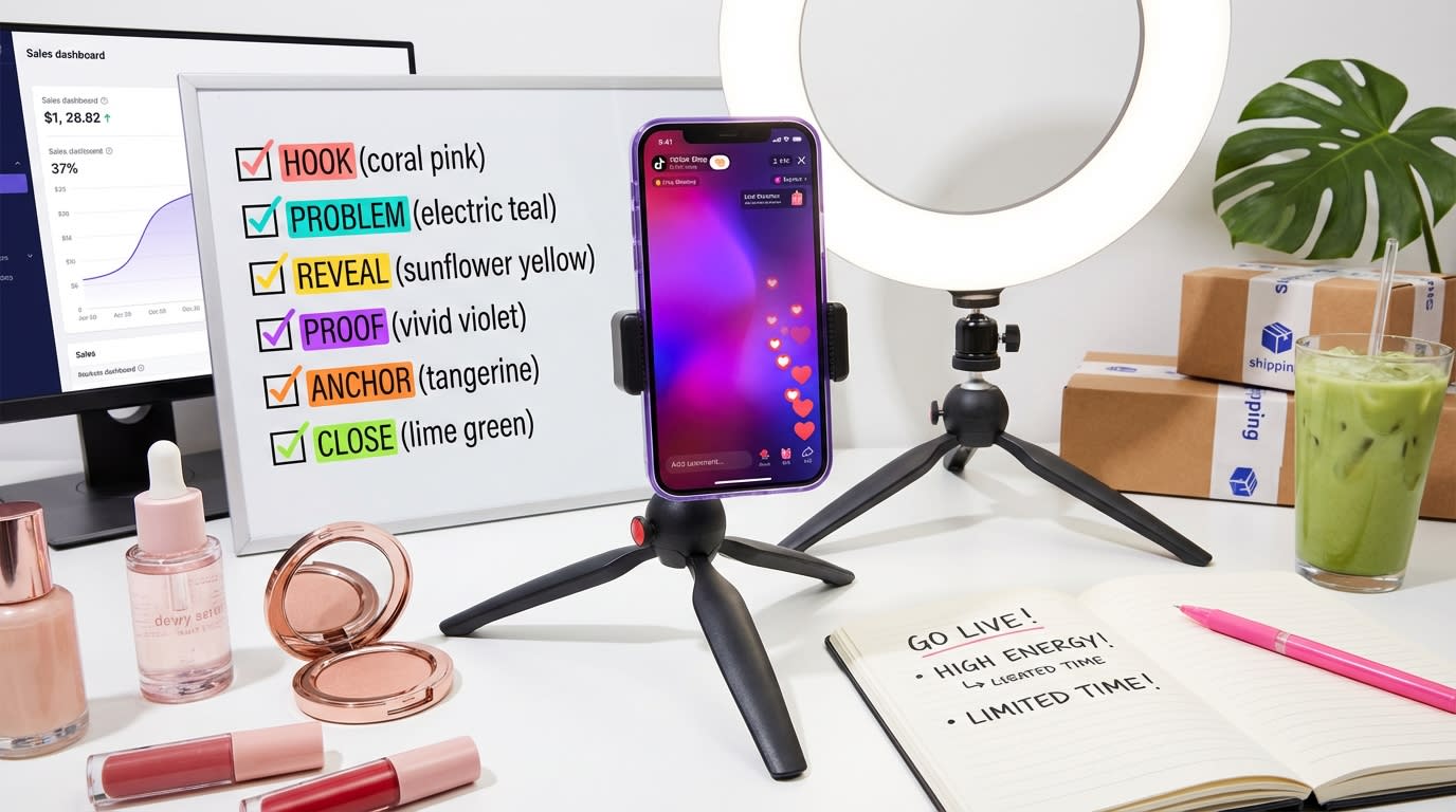 TikTok Shop live selling creator studio setup with scripting framework on whiteboard and products ready for demo