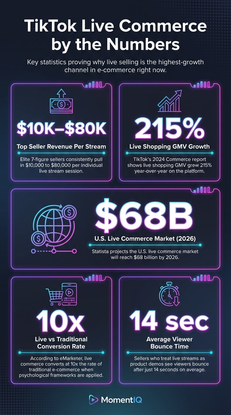 Infographic showcasing key TikTok Shop live commerce statistics including 215 percent GMV growth, 10x conversion rate, and $68 billion projected US market size by 2026