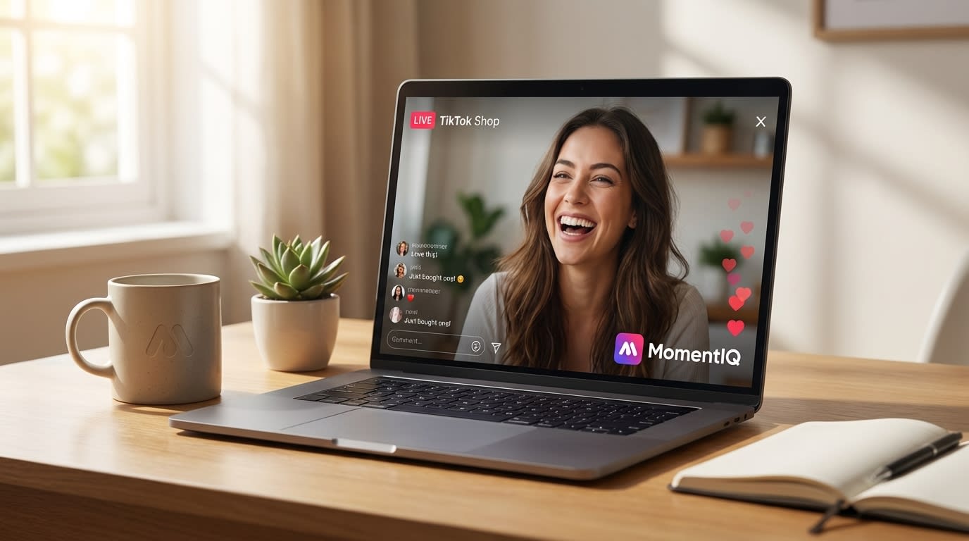 Captivating TikTok Shop live stream on laptop screen with high viewer engagement and heart emojis