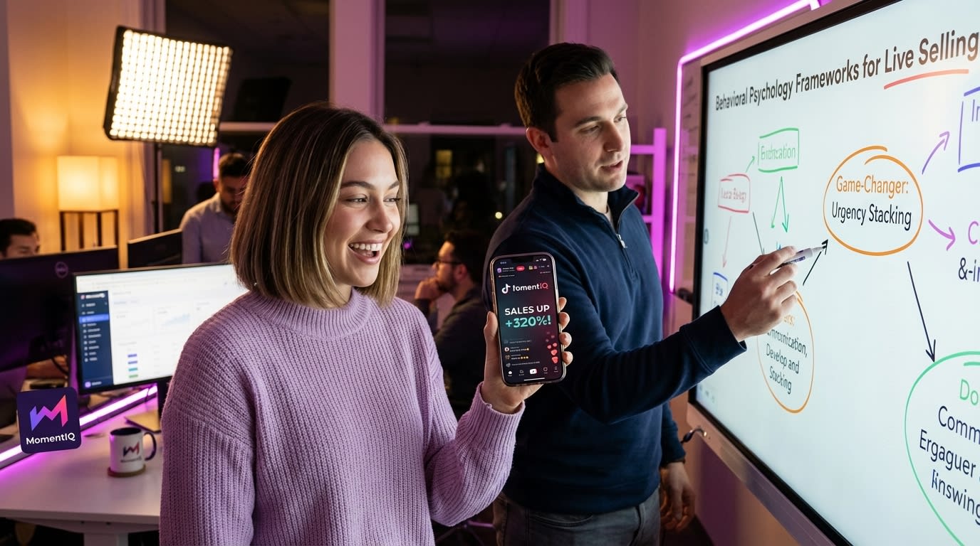 Brand team reviewing behavioral psychology frameworks for TikTok Shop live selling on a whiteboard