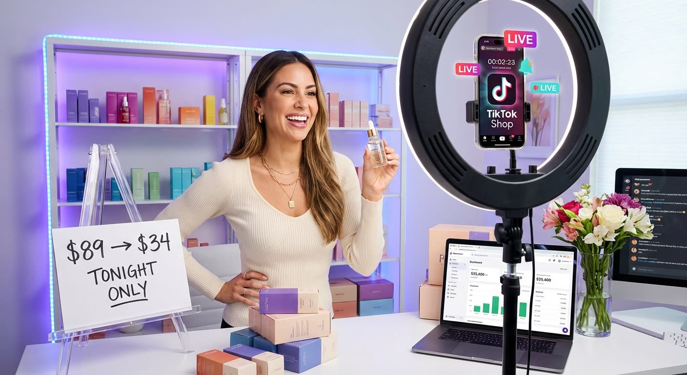 Confident TikTok Shop creator preparing anchoring price strategy in home studio before live selling stream