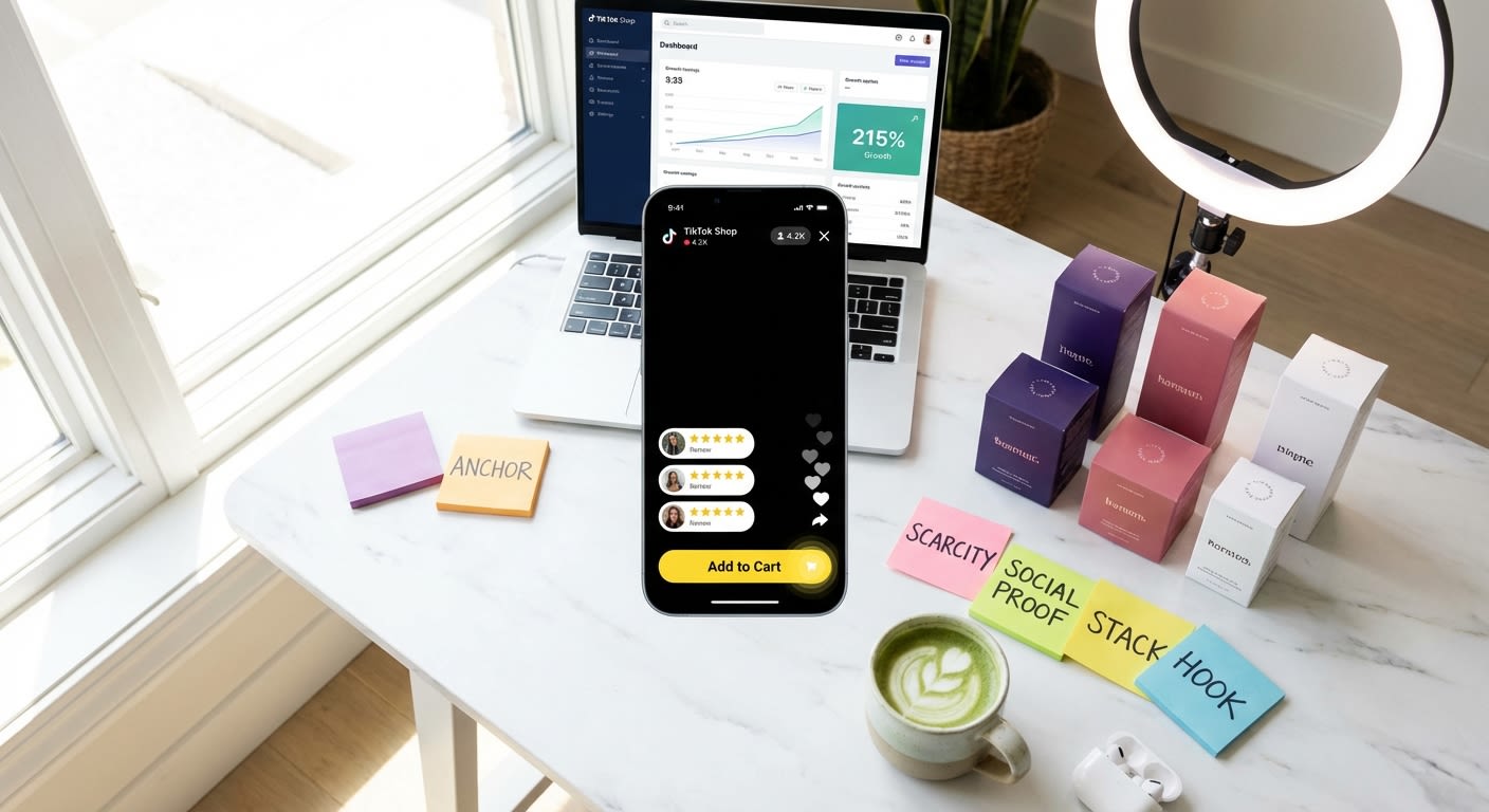 Flat lay of TikTok Shop live selling workspace with analytics dashboard phone showing growth charts and branded products