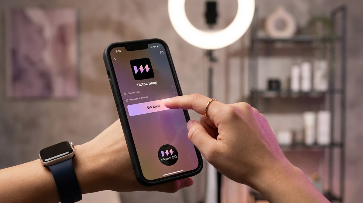 Hand tapping 'Go Live' on TikTok Shop creator interface, ready for a live stream