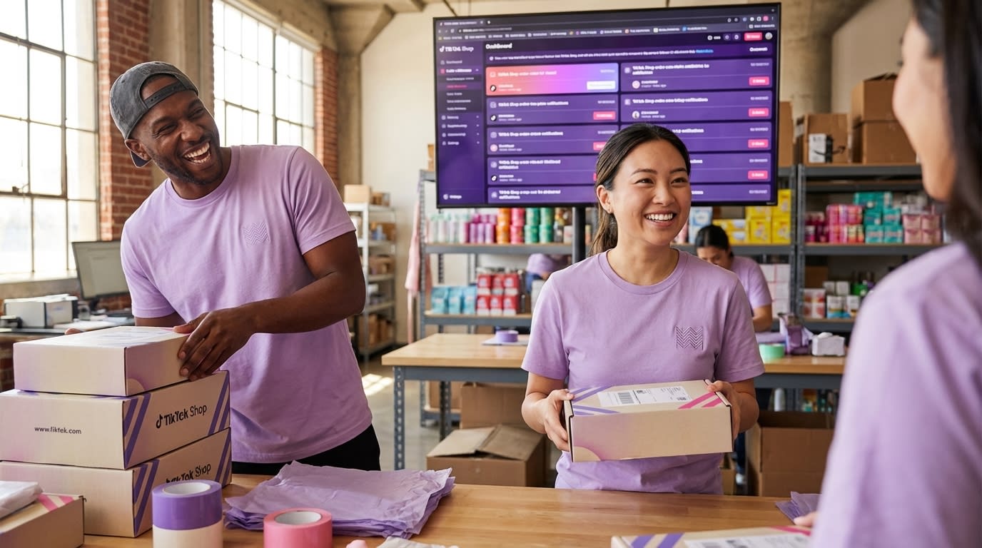 Organized TikTok Shop warehouse team joyfully packing orders with branded shipping boxes and live order dashboard