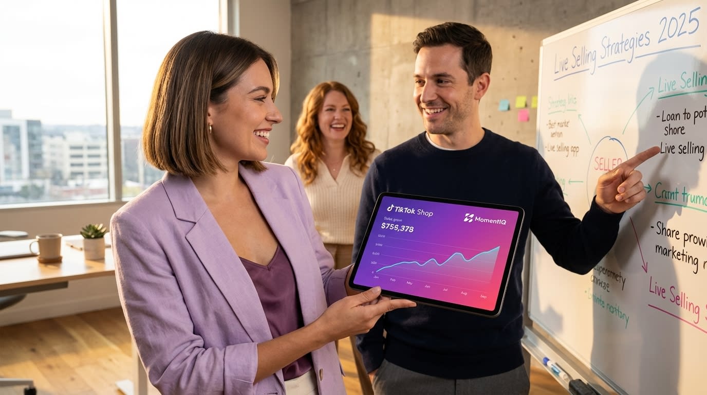 Confident team reviewing TikTok Shop live selling strategies on a whiteboard and tablet