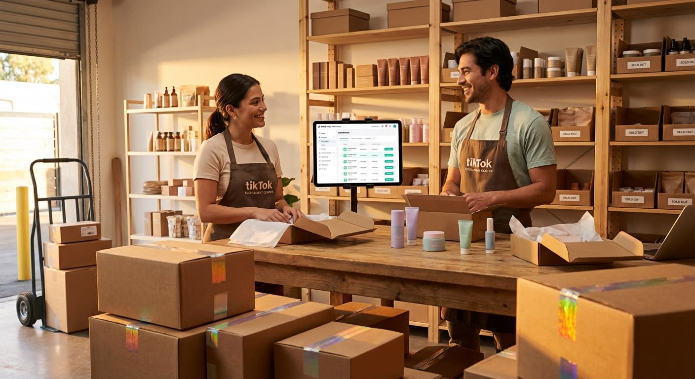 Organized TikTok Shop warehouse team joyfully packing orders with branded shipping boxes and live order dashboard