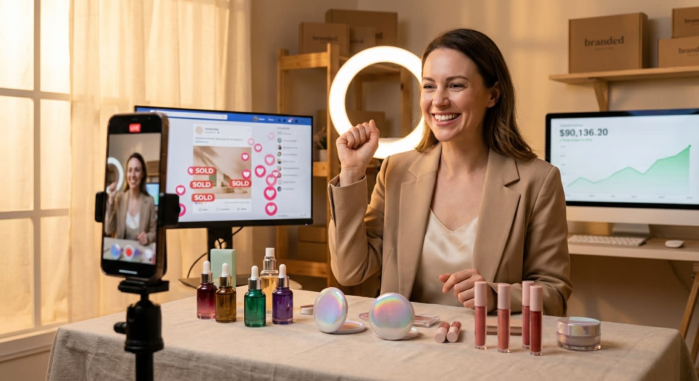 TikTok Shop live seller hosting a high-energy live stream with sales dashboard showing record revenue and heart emoji reactions
