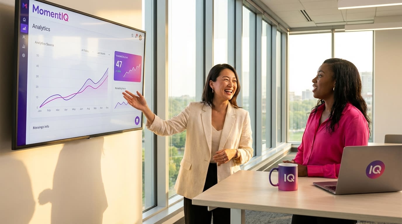 Aspirational wide shot of a confident CEO presenting TikTok Shop growth projections to her inspired team.