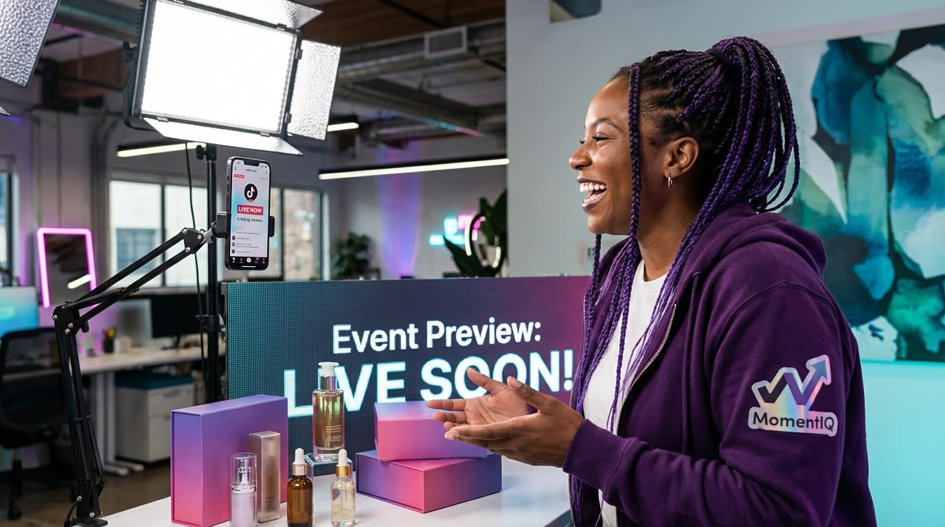 Content creator confidently filming TikTok Shop live event preview session with ring light and product display in mini studio