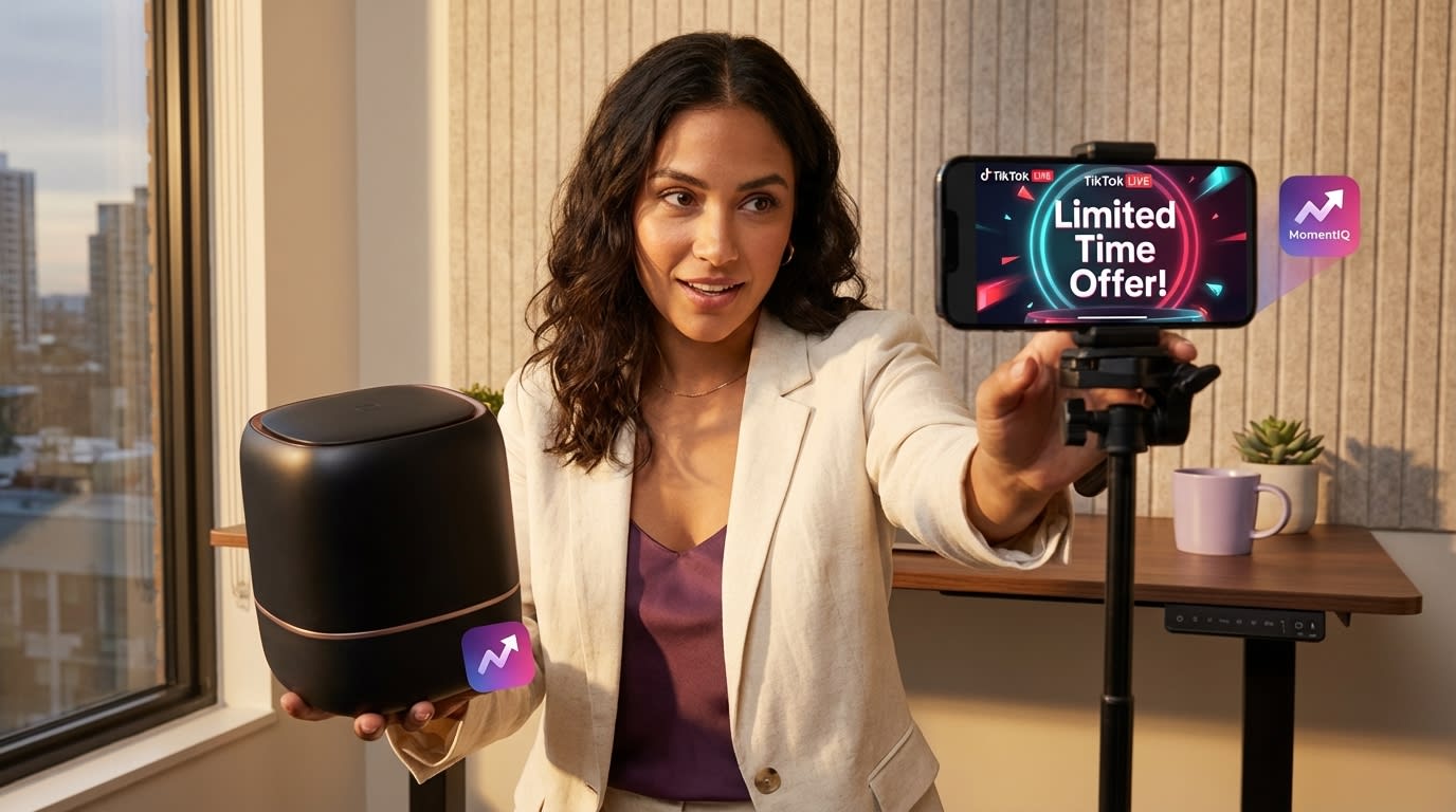 Energetic TikTok Shop live host presenting a product with a 'Limited Time Offer!' overlay.