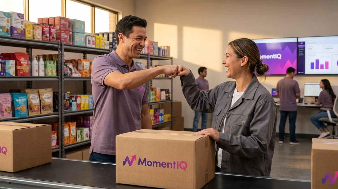 Energetic warehouse workers fist-bumping, celebrating successful TikTok Shop order fulfillment.