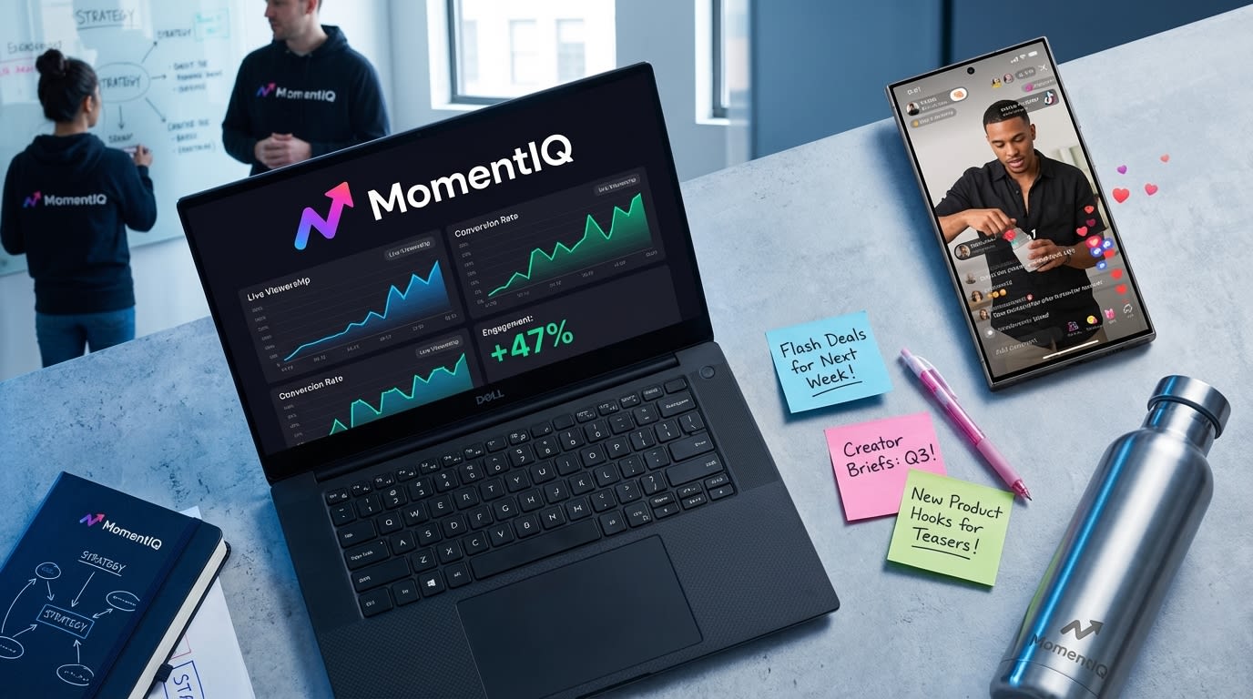 Flat lay of a desk showing TikTok Shop analytics, live stream replay, and post-event strategy notes.
