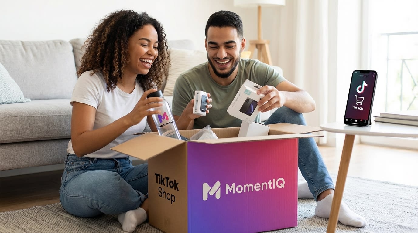 Happy couple laughing while unboxing a large TikTok Shop delivery box with colorful products.