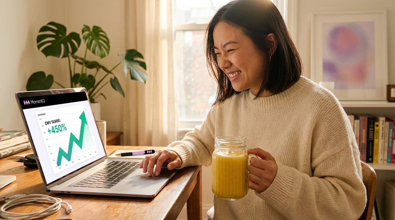 TikTok Shop brand manager confidently reviewing a sales dashboard showing increased GMV.