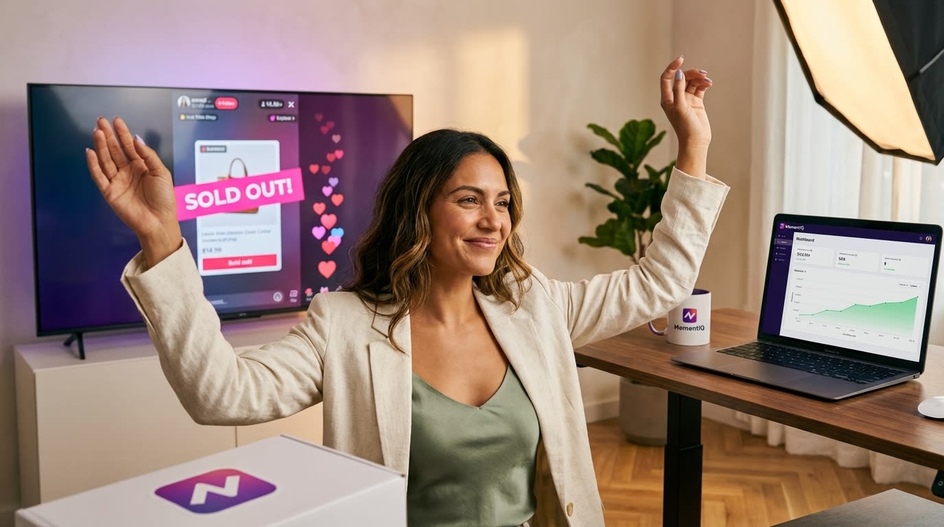 TikTok Shop live shopping host celebrating sold-out moment with thousands of viewers and heart emojis on screen