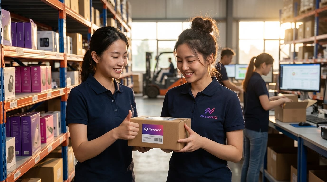 Cheerful warehouse worker with packed TikTok Shop order, ready for shipping