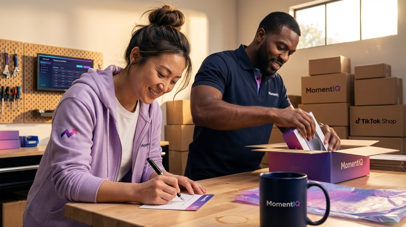 Cheerful workers preparing TikTok Shop product seeding packages in a fulfillment center