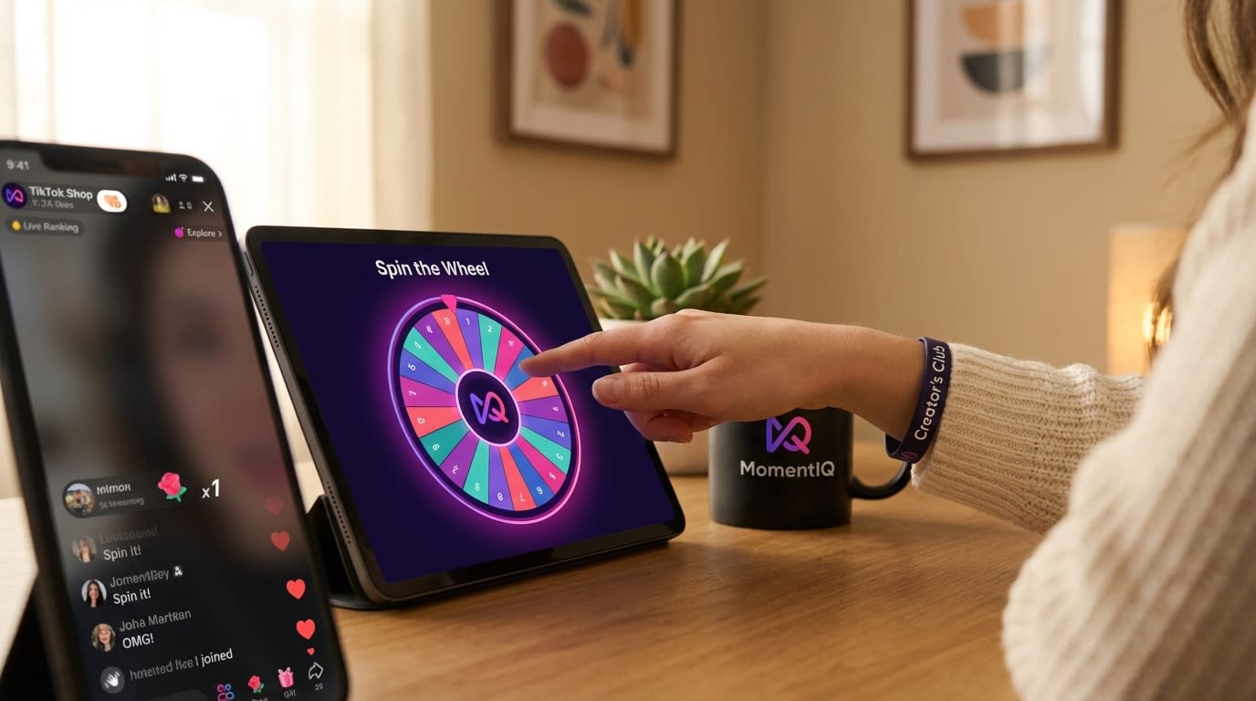Creator spinning a 'Spin the Wheel' on a tablet for a TikTok Shop live stream
