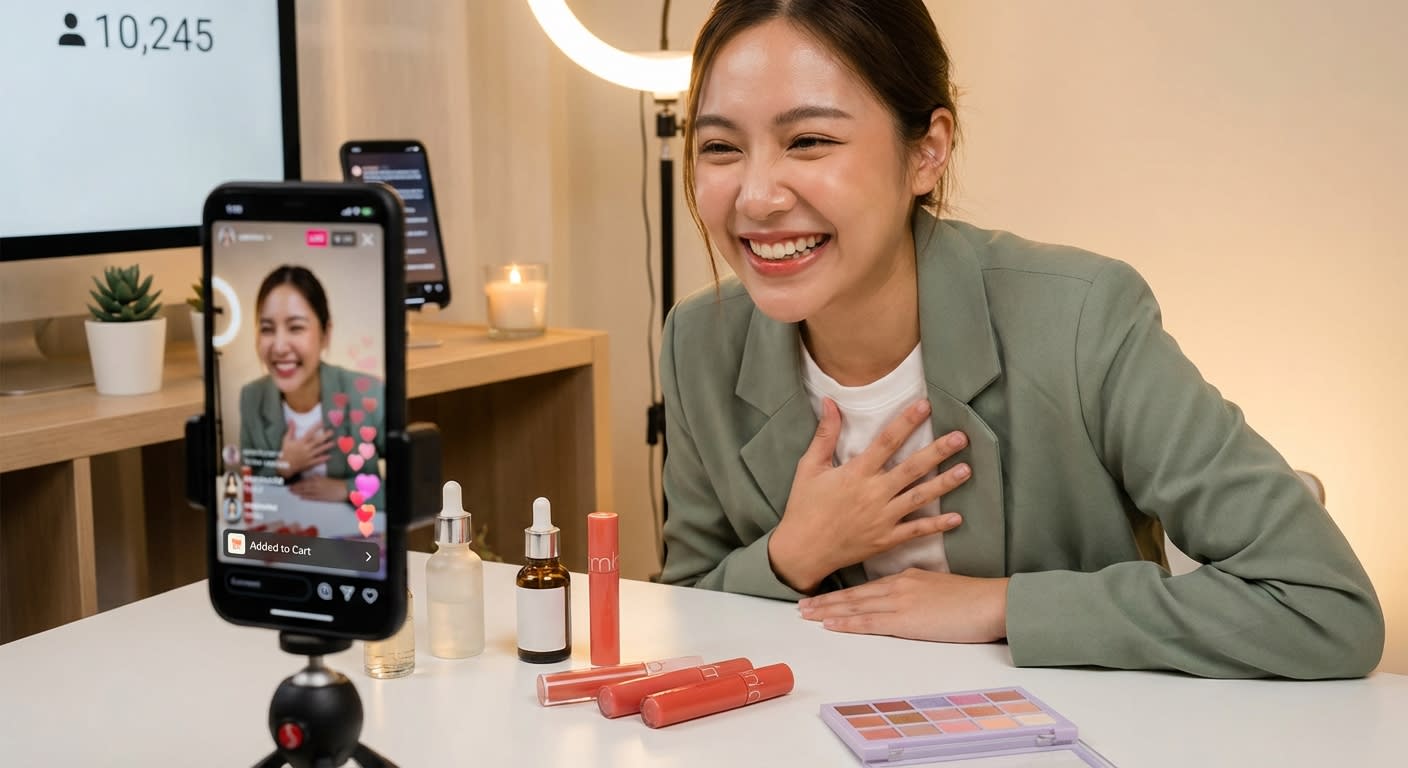 Energetic TikTok Shop live stream host celebrating surging viewer count with colorful products and heart emoji reactions on screen