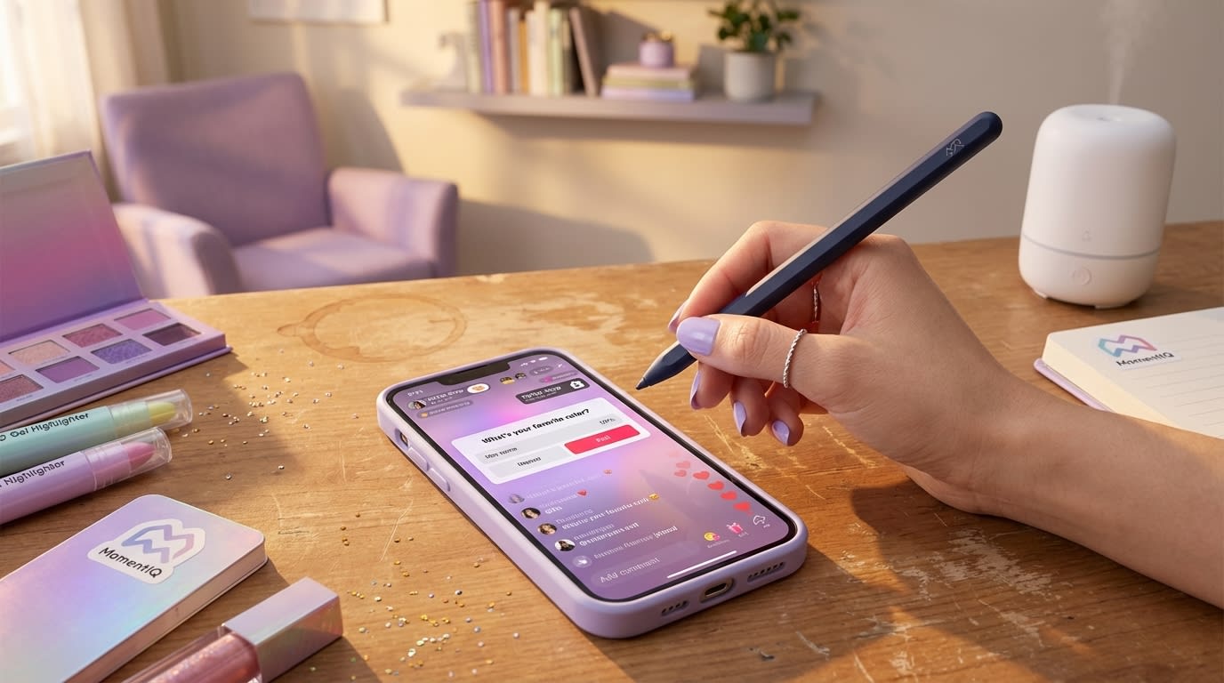 Flat lay of TikTok Shop live stream with an active poll and colorful product samples