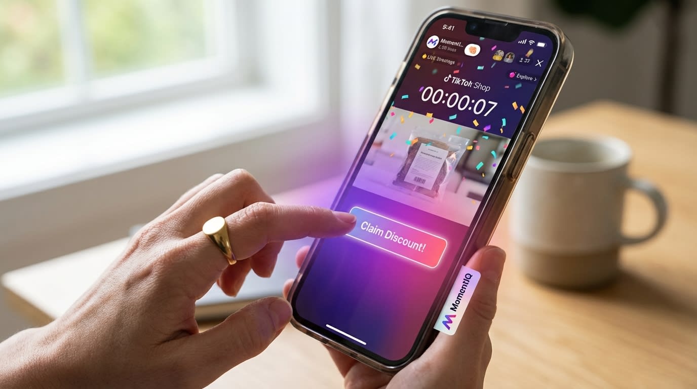 Hand tapping 'Claim Discount!' button on an exciting TikTok Shop live stream