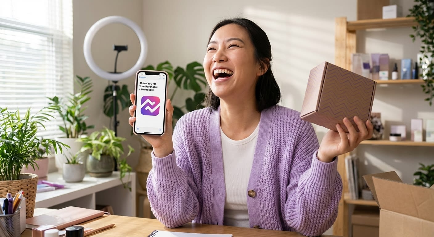 Happy TikTok Shop creator celebrating a purchase notification in their studio
