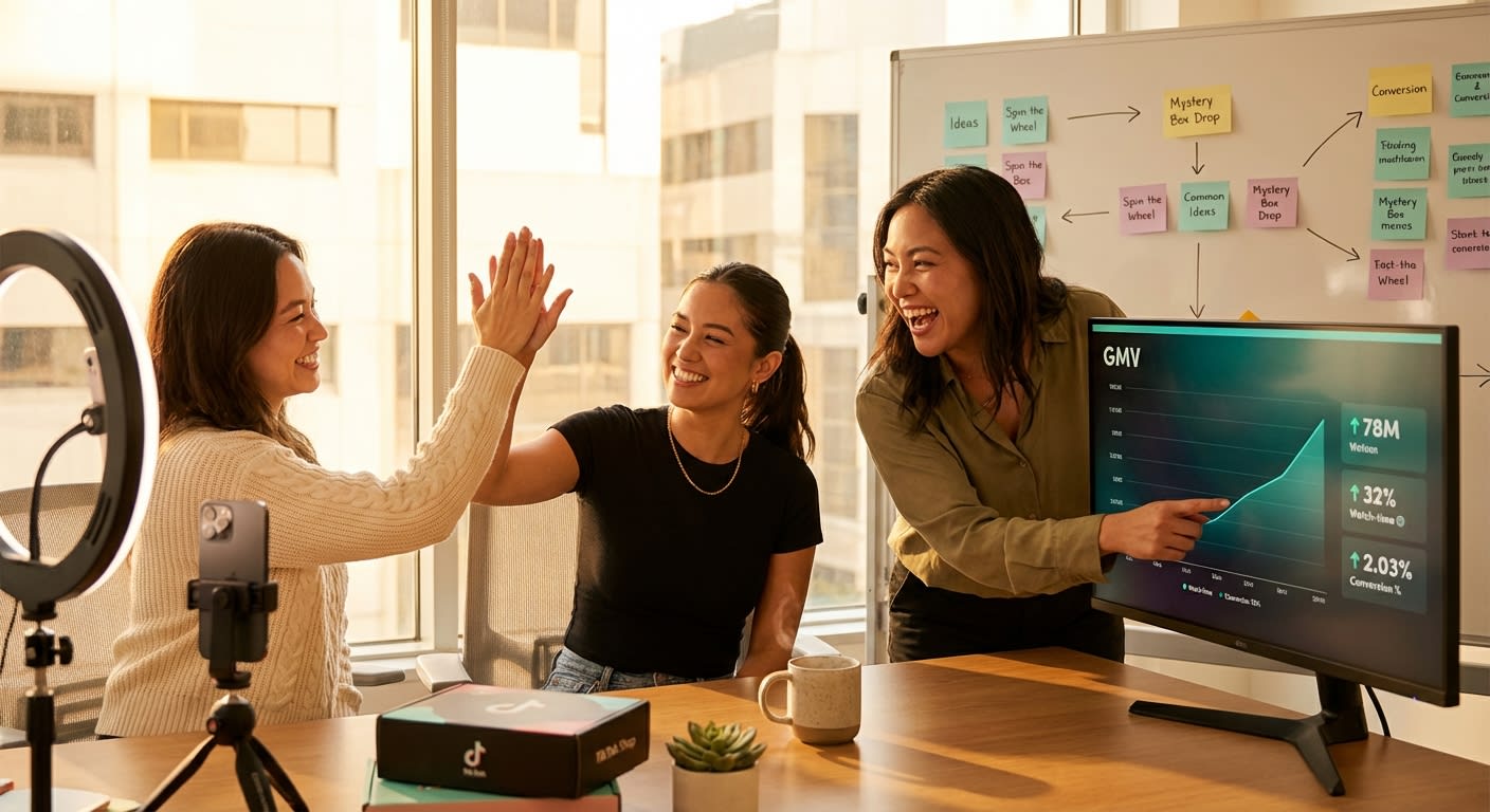 TikTok Shop brand team celebrating rising GMV and watch-time analytics on dashboard screen in modern office