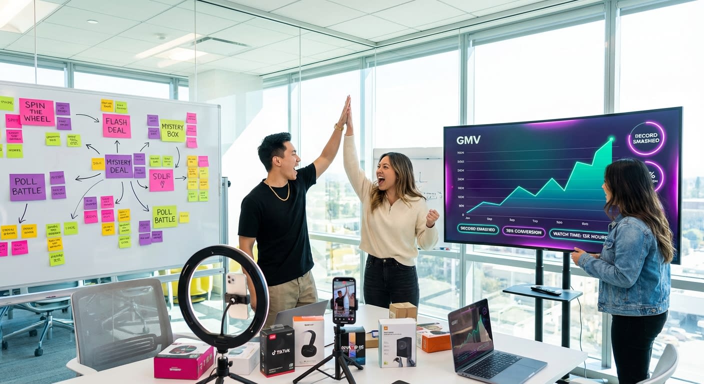 TikTok Shop brand team celebrating rising GMV and watch-time analytics on dashboard screen in modern office
