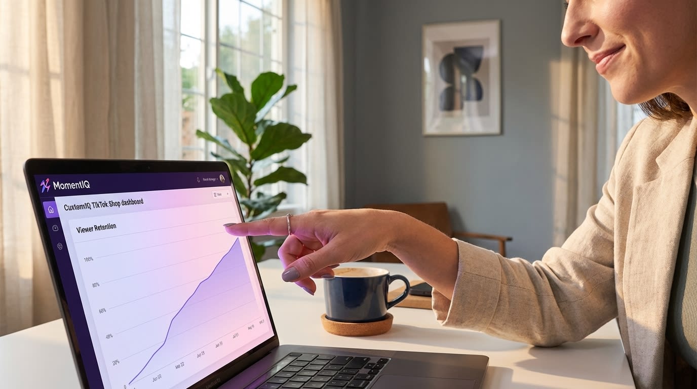 TikTok Shop KPI dashboard showing soaring viewer retention and positive live chat