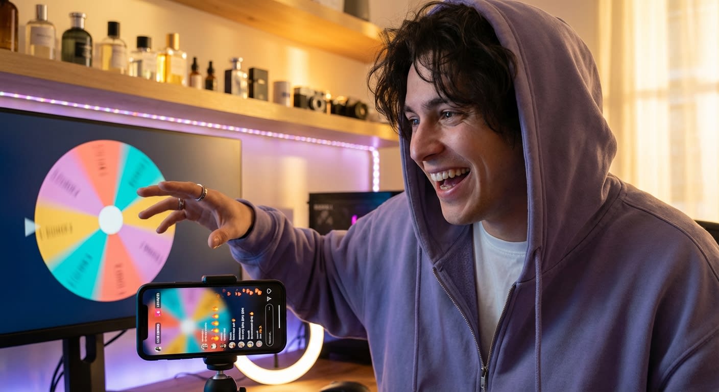 TikTok Shop live host excitedly spinning a colorful discount wheel while chat explodes with engagement and emoji reactions