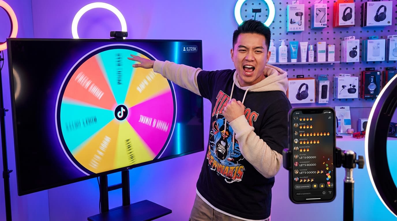 TikTok Shop live host excitedly spinning a colorful discount wheel while chat explodes with engagement and emoji reactions
