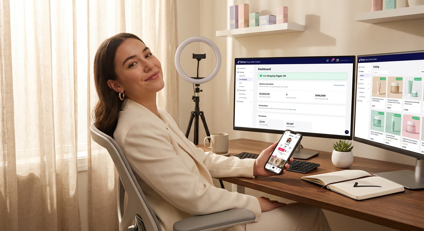 Confident TikTok Shop seller enabling live shopping features on seller center dashboard