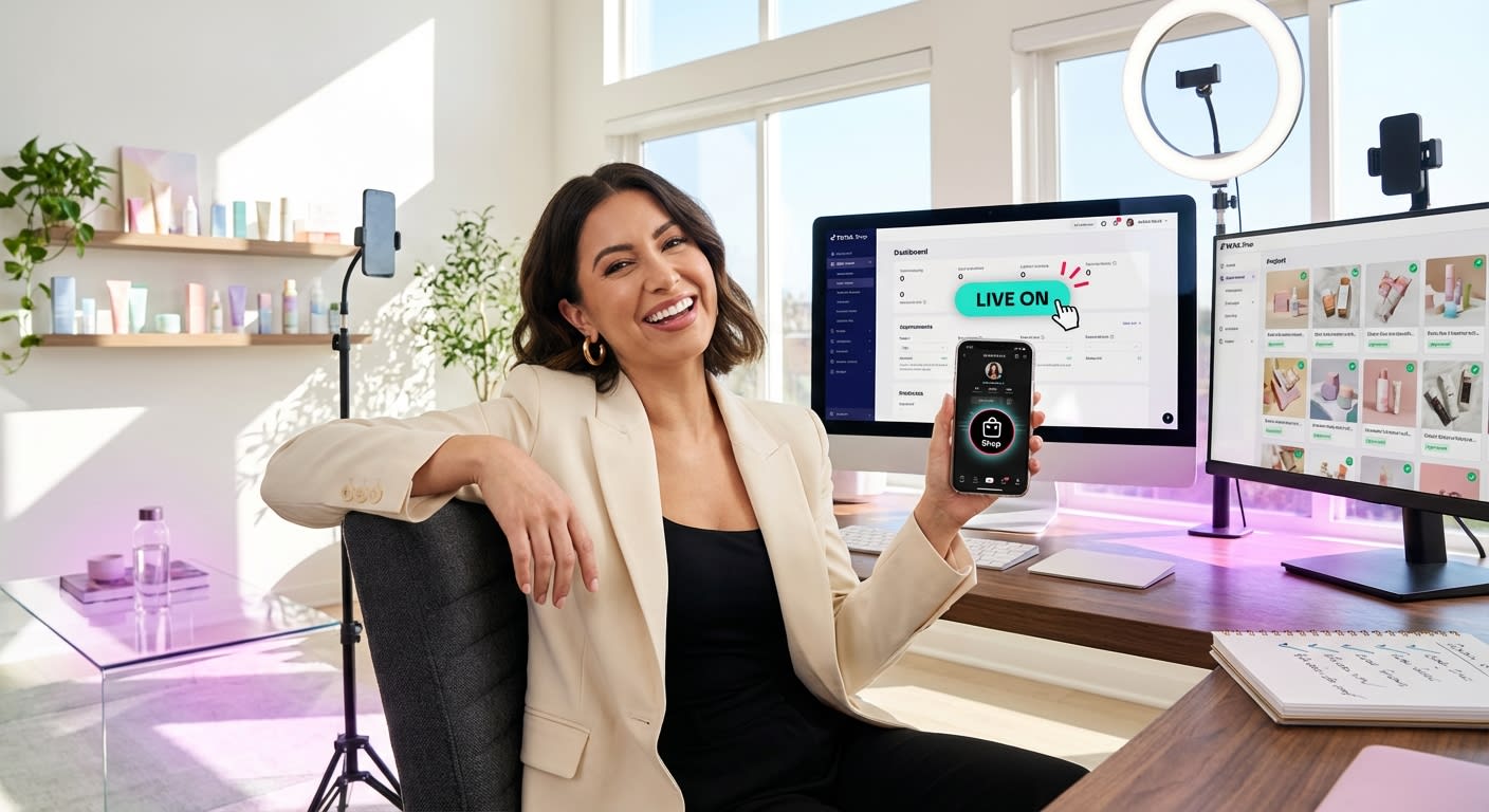 Confident TikTok Shop seller enabling live shopping features on seller center dashboard