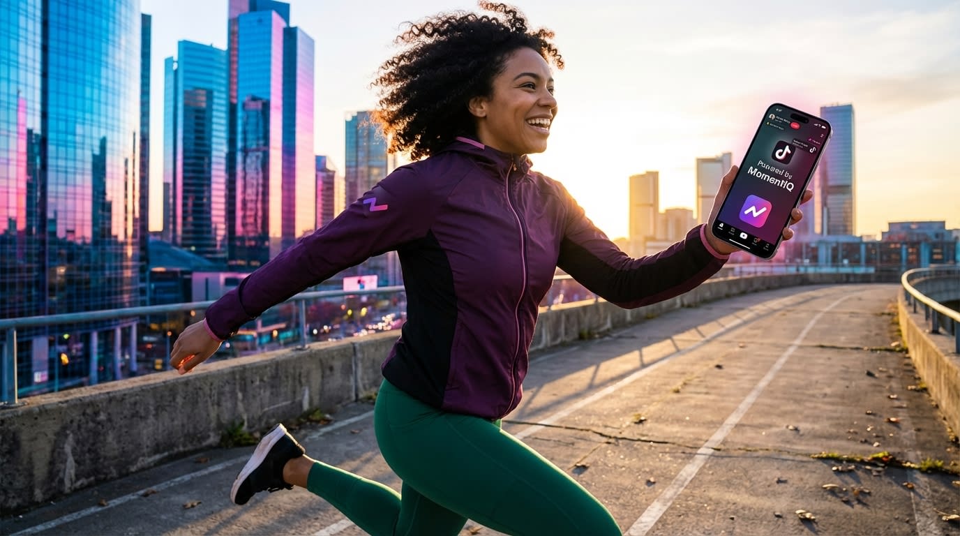 Entrepreneur running confidently with phone showing TikTok Shop live stream, symbolizing seizing opportunity