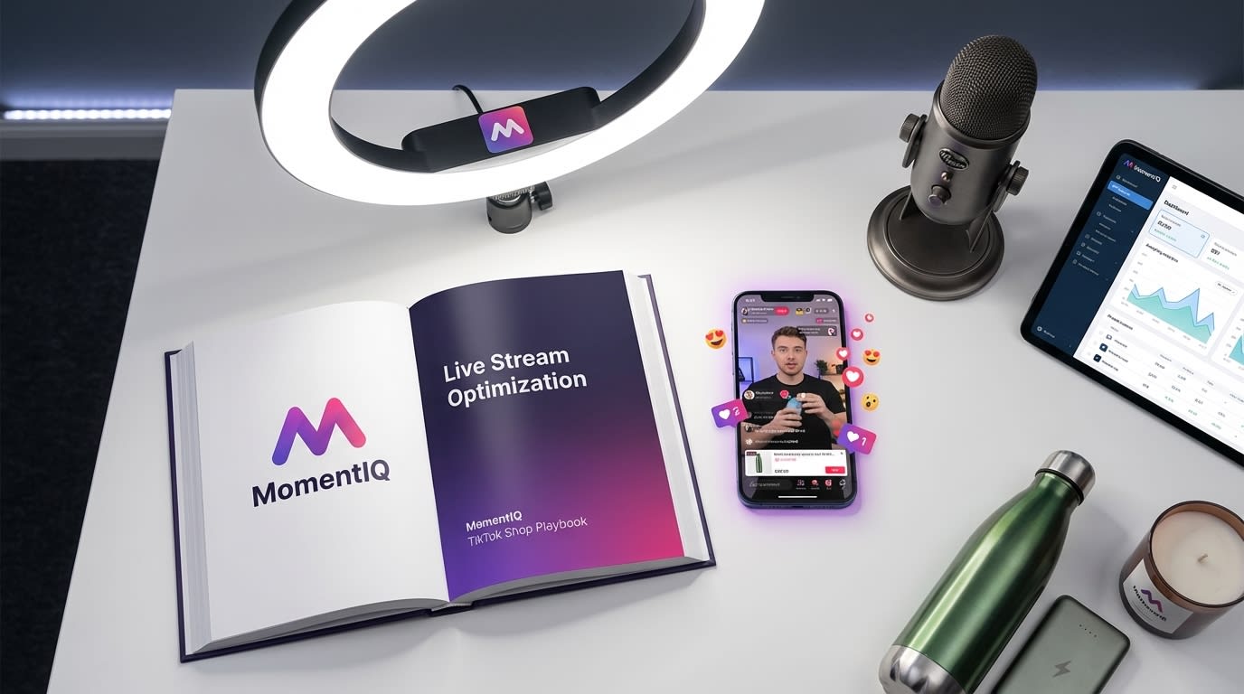 Flat lay of MomentIQ TikTok Shop Playbook with live stream gear and product samples