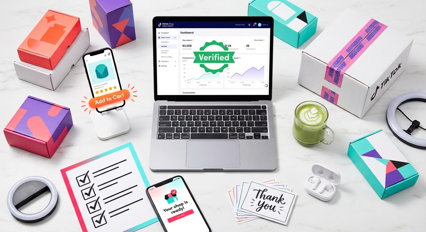 Flat lay of TikTok Shop seller center setup checklist with verified account laptop and branded products
