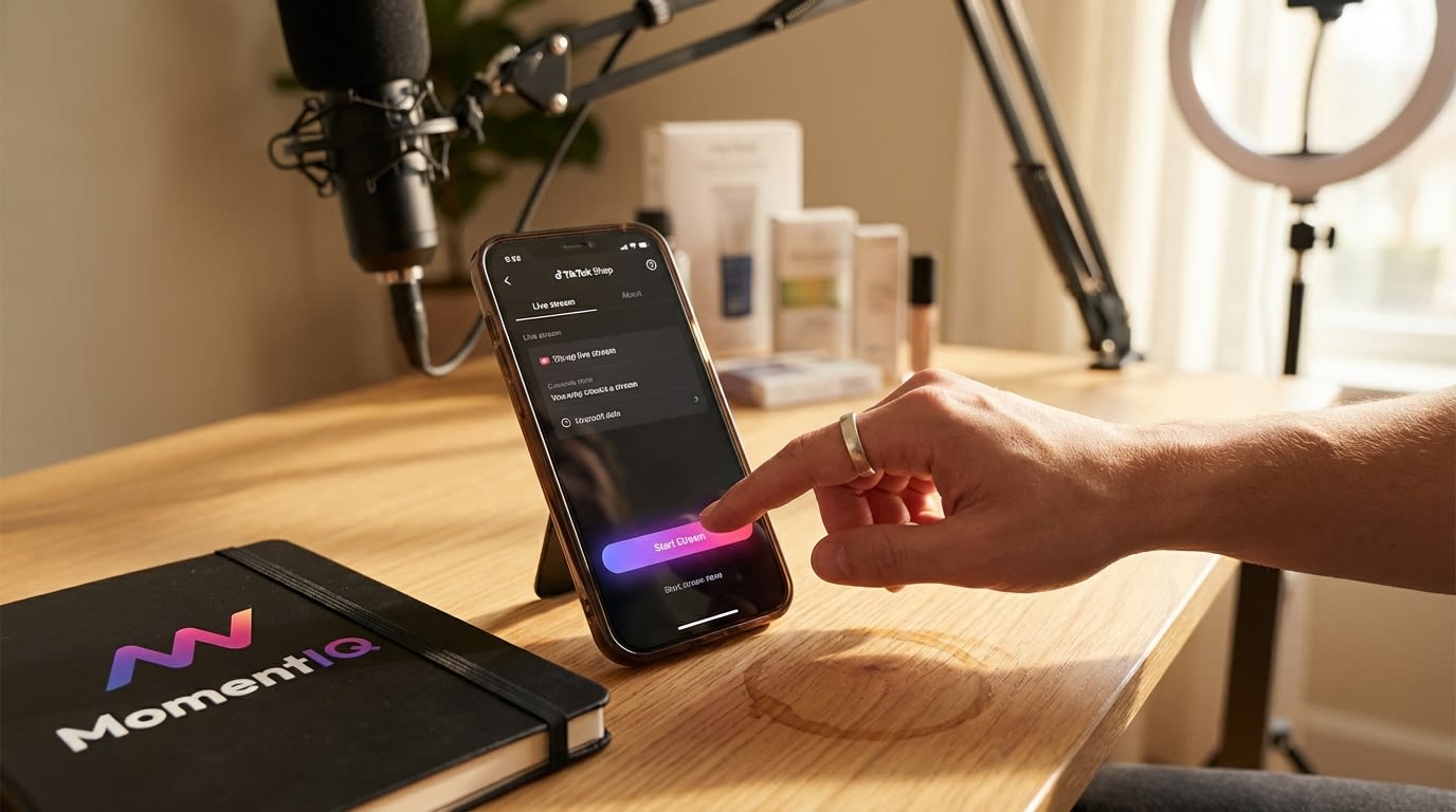 Hand confidently tapping 'Start Stream' on TikTok Shop interface in a professional studio