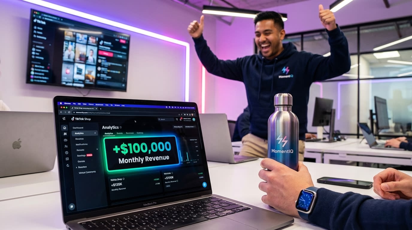 MomentIQ laptop showing TikTok Shop sales dashboard with +$100,000 monthly revenue notification