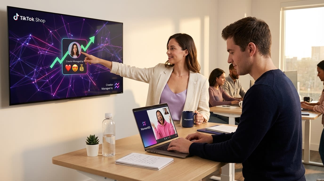 MomentIQ team collaborating on TikTok Shop creator network strategies with a diverse group of creators