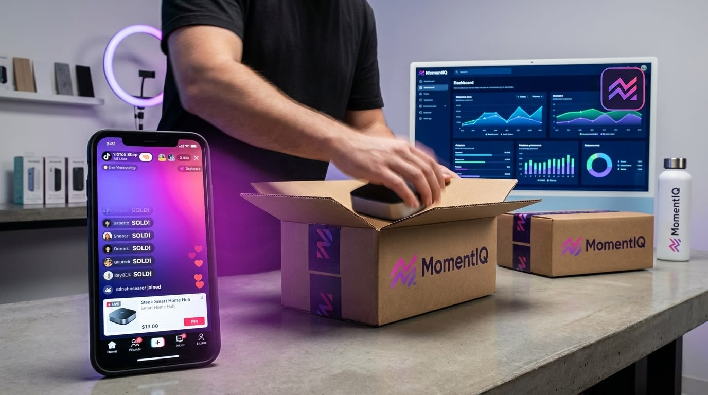 Phone showing TikTok Shop live stream while hands efficiently pack a product for shipping