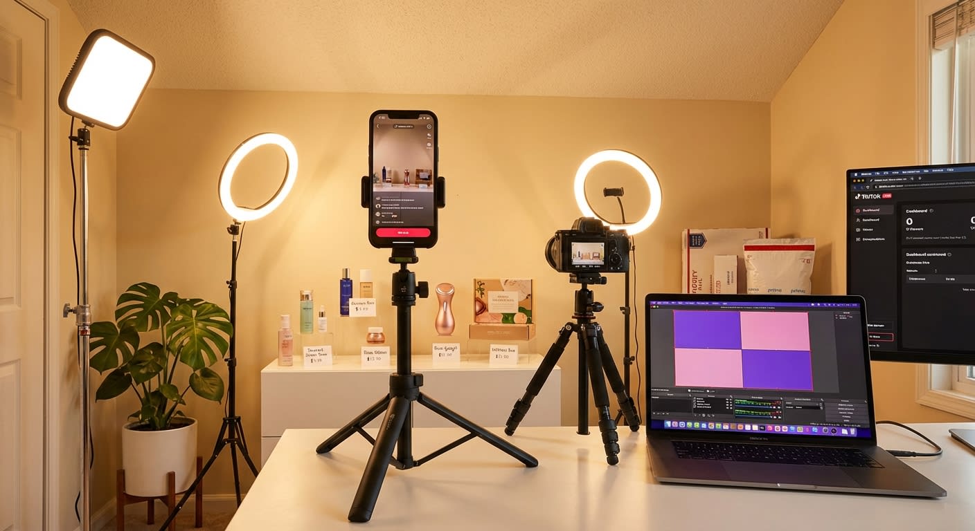 Professional TikTok Shop live shopping studio setup with OBS multi-camera ring light and product display